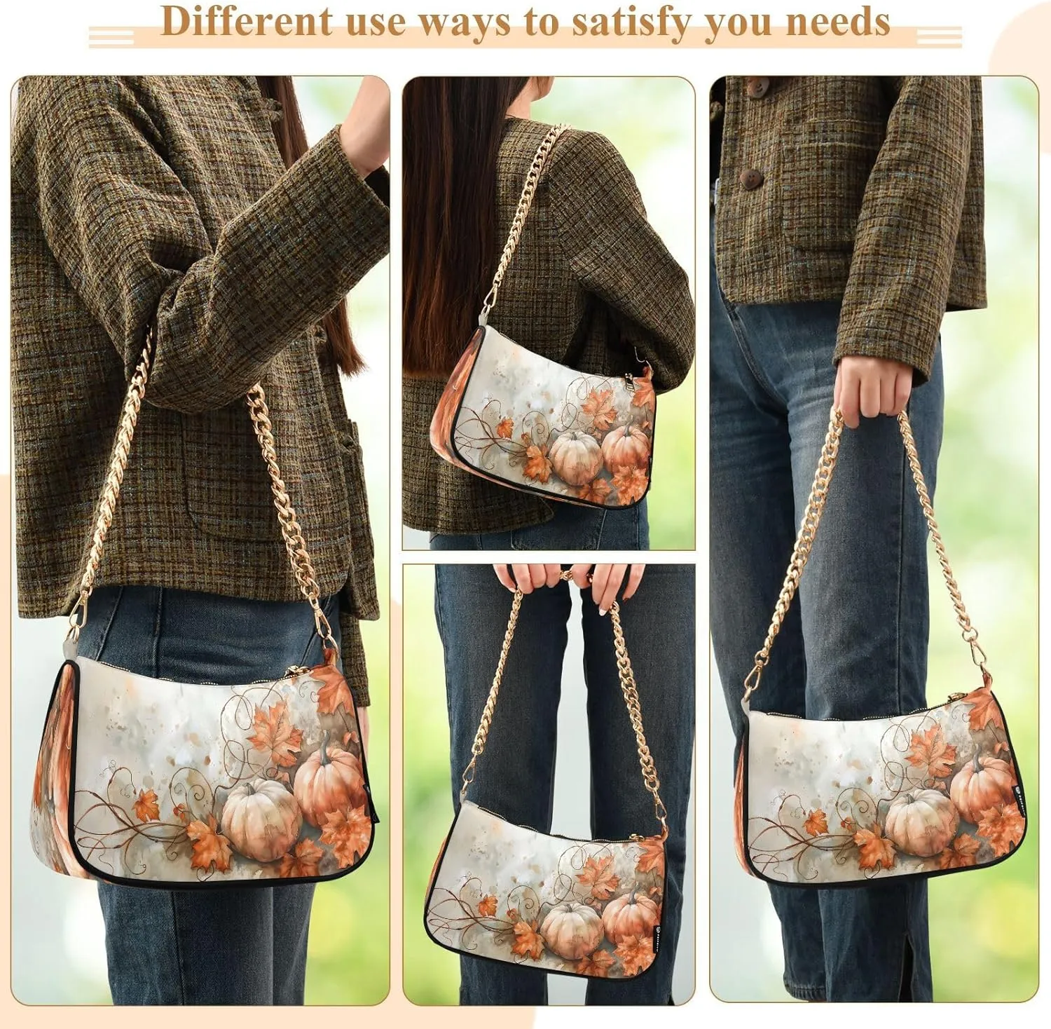 Shoulder Bags for Women Autumn Pumpkins and Fall Leaves Hobo Tote Handbag Small Clutch Purse with Zipper Closure