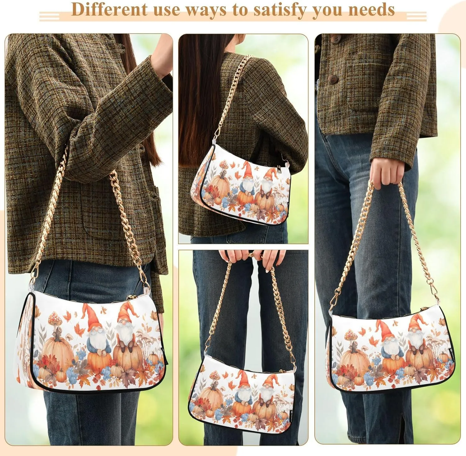 Shoulder Bags for Women Autumn Pumpkins and Fall Leaves Hobo Tote Handbag Small Clutch Purse with Zipper Closure