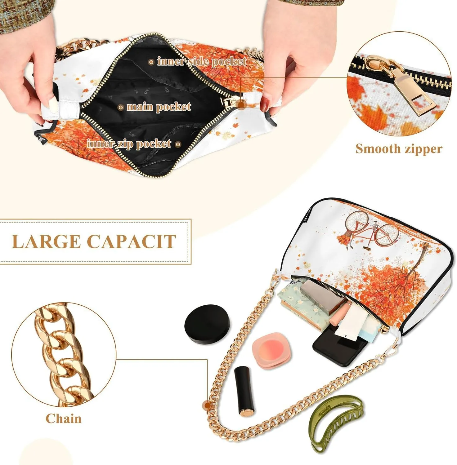 Shoulder Bags for Women Autumn Pumpkins and Fall Leaves Hobo Tote Handbag Small Clutch Purse with Zipper Closure
