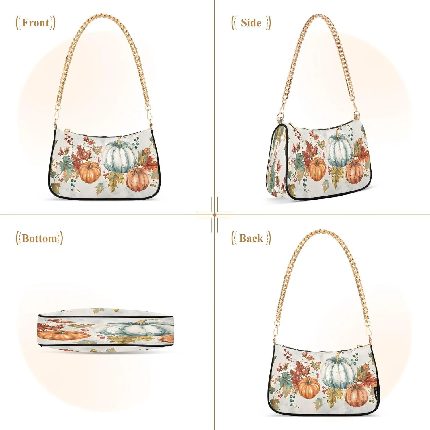 Shoulder Bags for Women Autumn Pumpkins and Fall Leaves Hobo Tote Handbag Small Clutch Purse with Zipper Closure