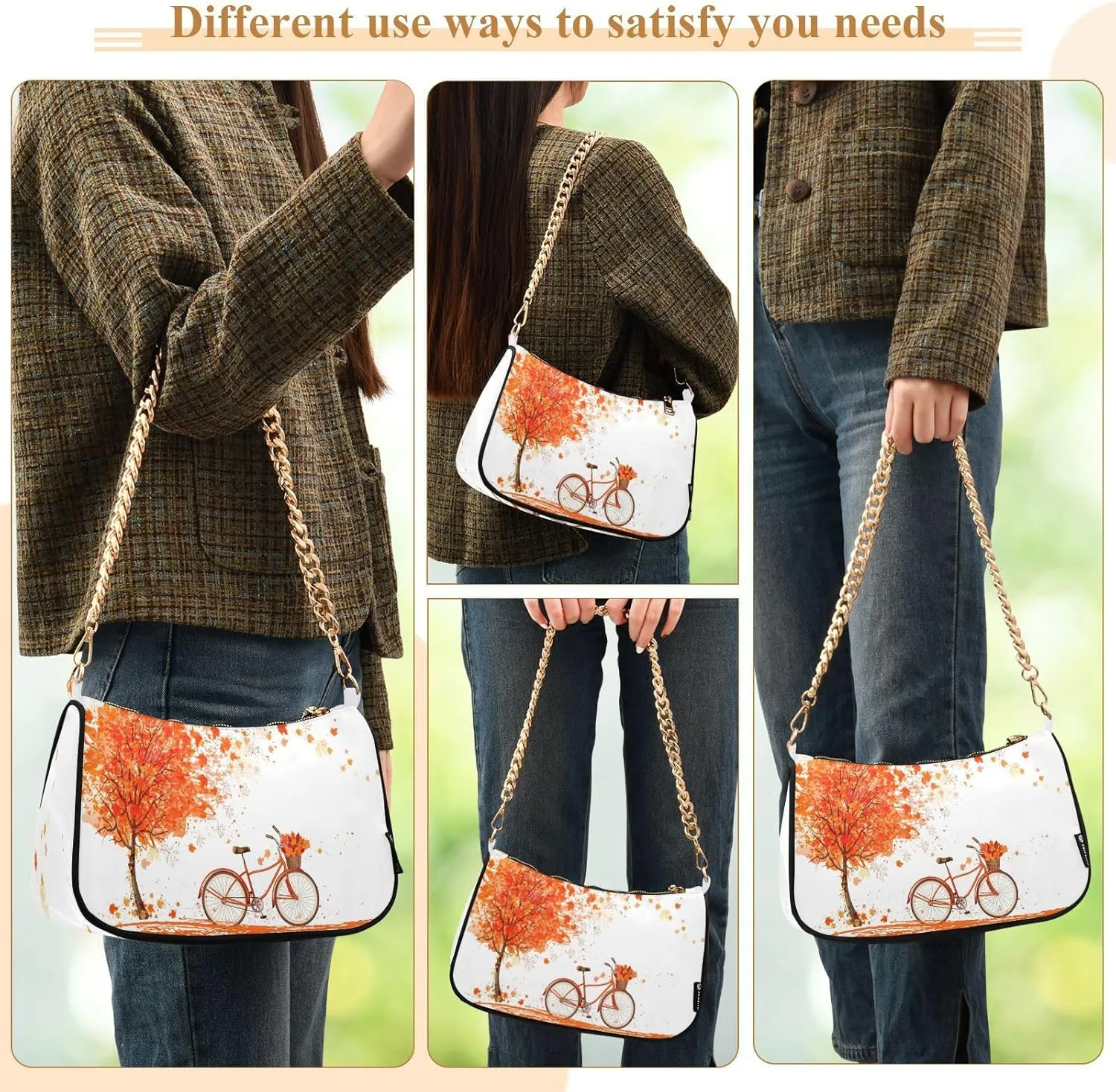 Shoulder Bags for Women Autumn Pumpkins and Fall Leaves Hobo Tote Handbag Small Clutch Purse with Zipper Closure