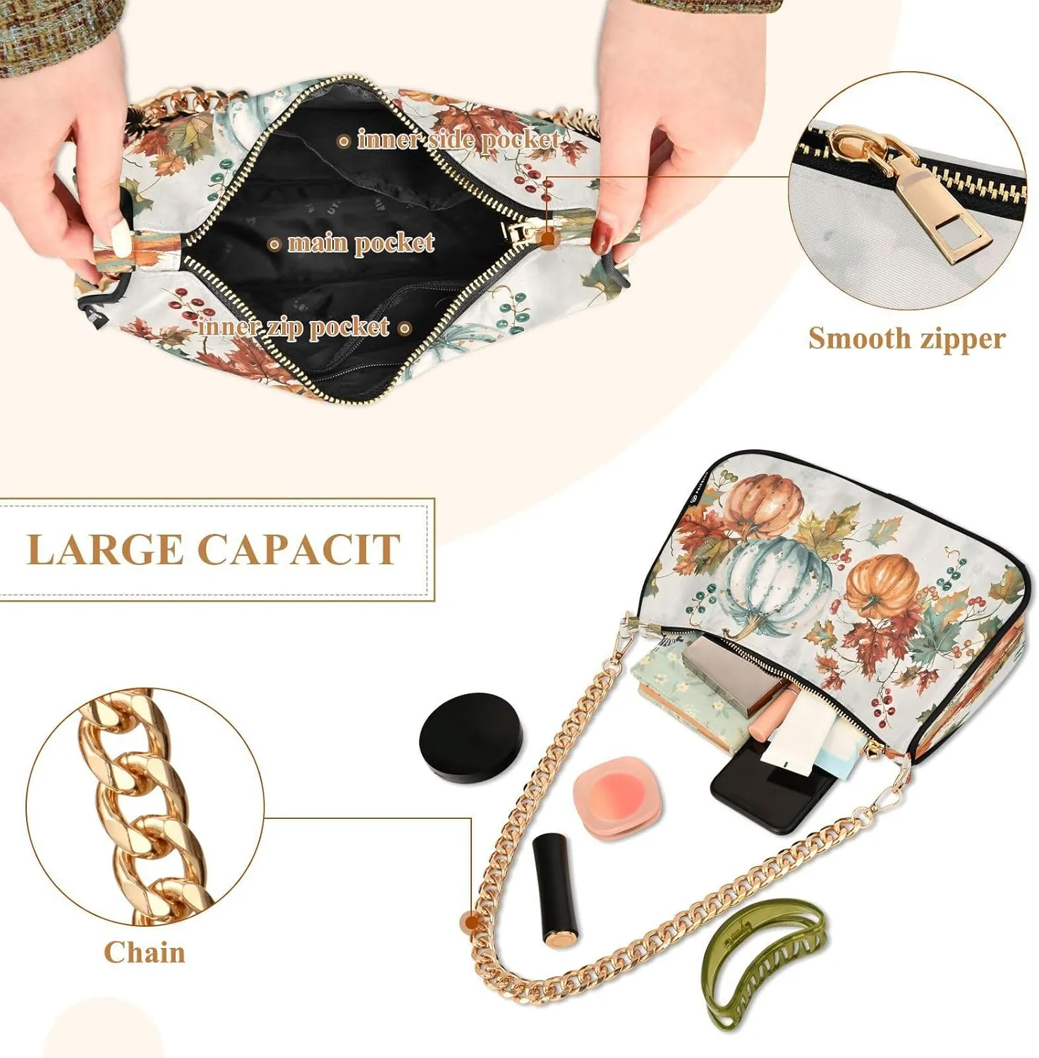 Shoulder Bags for Women Autumn Pumpkins and Fall Leaves Hobo Tote Handbag Small Clutch Purse with Zipper Closure