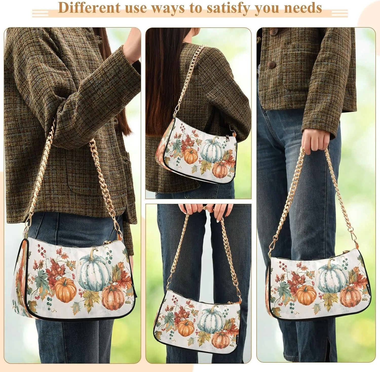Shoulder Bags for Women Autumn Pumpkins and Fall Leaves Hobo Tote Handbag Small Clutch Purse with Zipper Closure