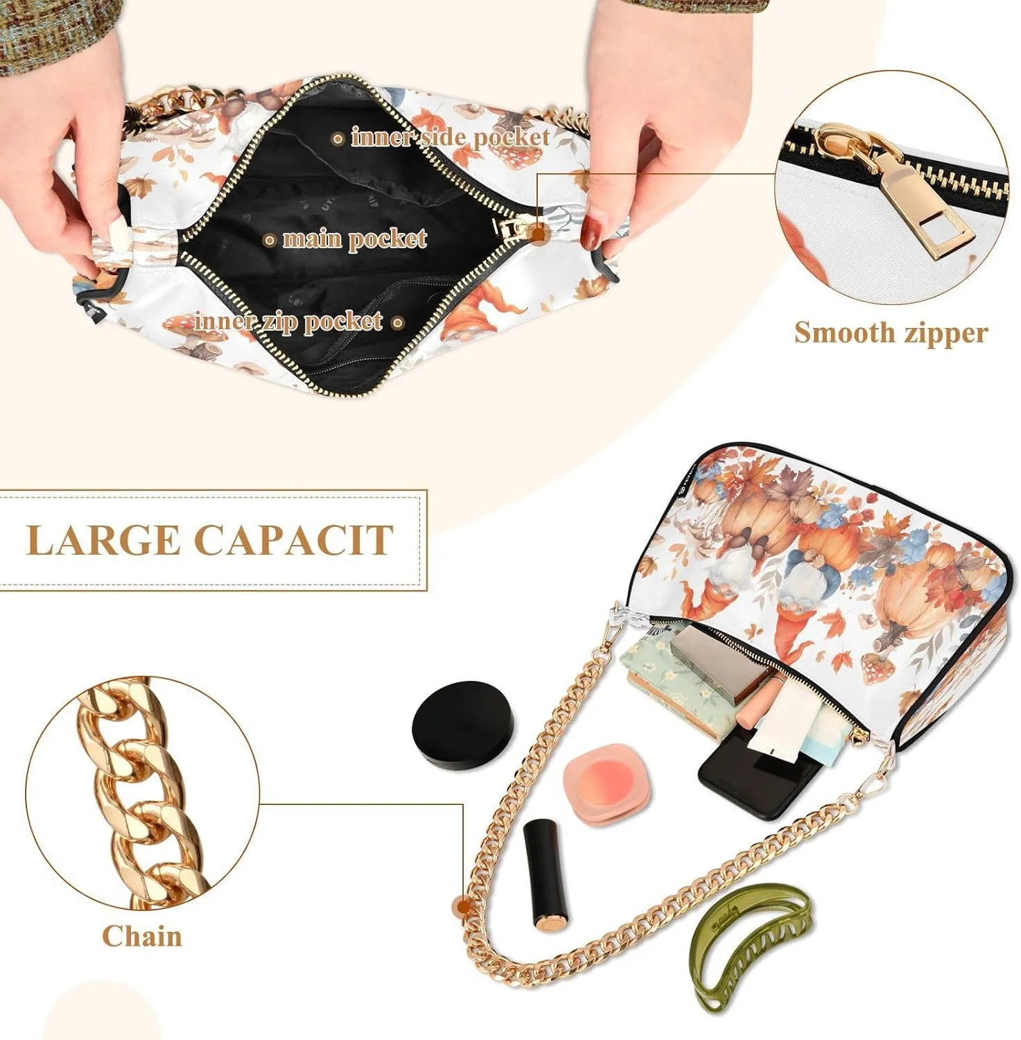 Shoulder Bags for Women Autumn Pumpkins and Fall Leaves Hobo Tote Handbag Small Clutch Purse with Zipper Closure