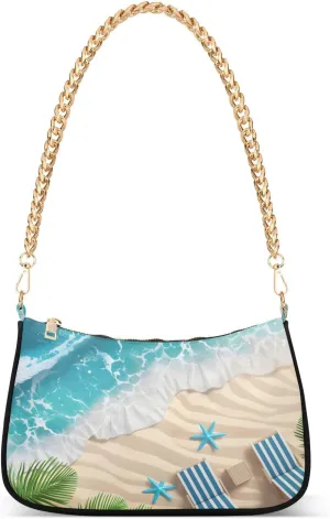 Shoulder Bags for Women Blue Sea and Clean Sand with Copy Space Hobo Tote Handbag Small Clutch Purse with Zipper Closure