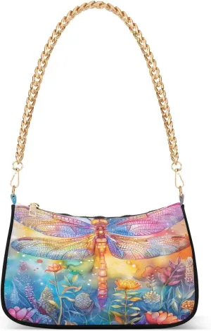 Shoulder Bags for Women Dragonfly Sprite Flower Bushes Hobo Tote Handbag Small Clutch Purse with Zipper Closure