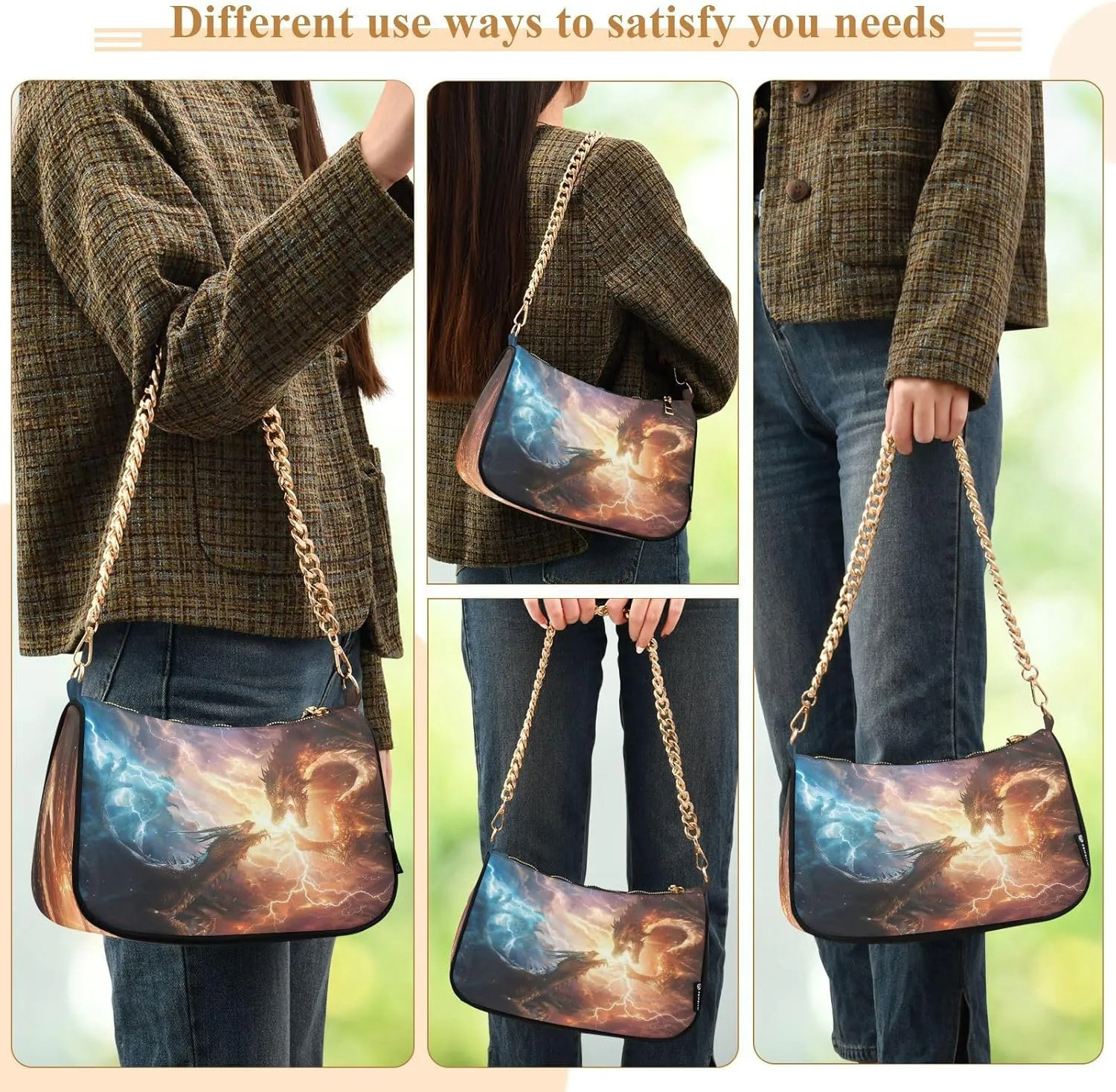 Shoulder Bags for Women Fire Water Dragon Hobo Tote Handbag Small Clutch Purse with Zipper Closure