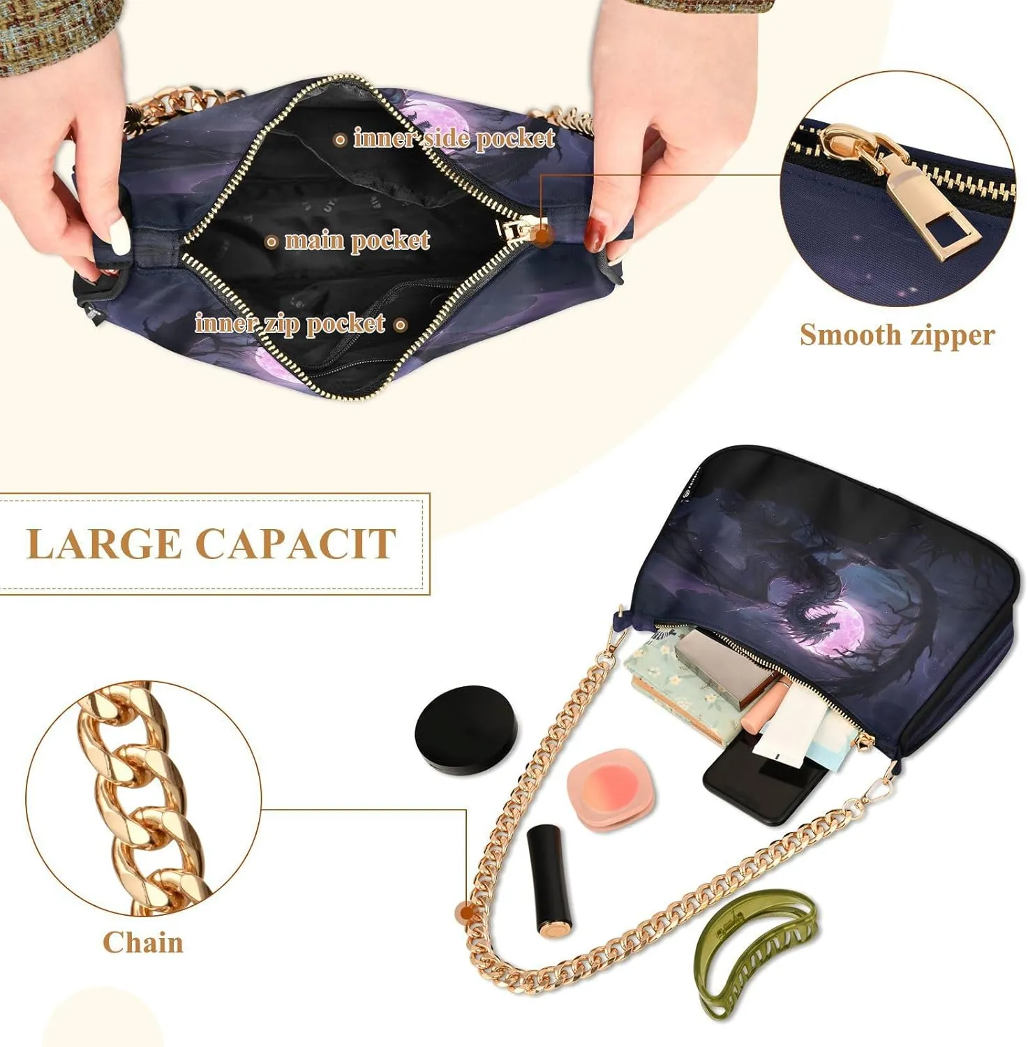 Shoulder Bags for Women Fire Water Dragon Hobo Tote Handbag Small Clutch Purse with Zipper Closure