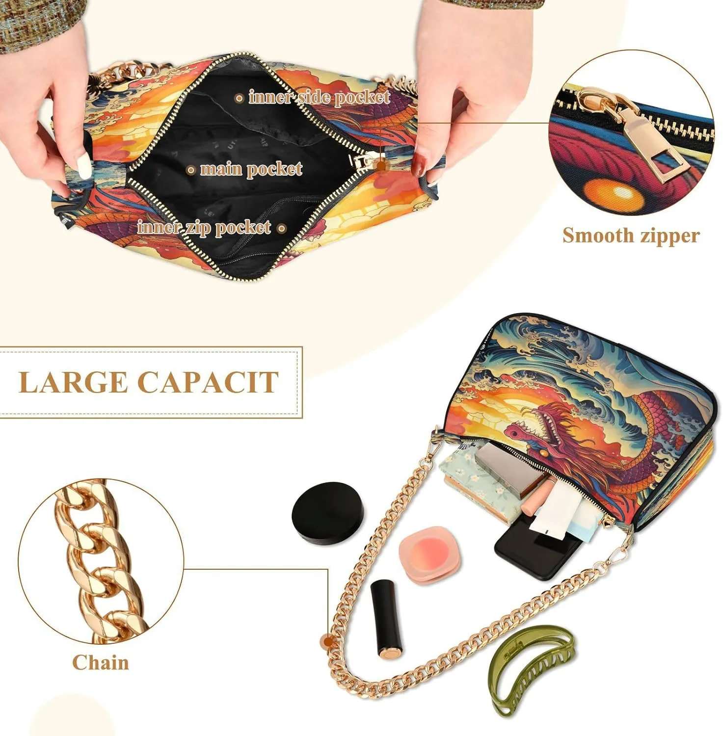 Shoulder Bags for Women Fire Water Dragon Hobo Tote Handbag Small Clutch Purse with Zipper Closure