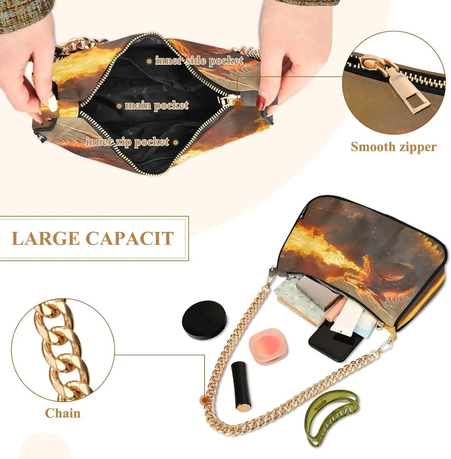 Shoulder Bags for Women Fire Water Dragon Hobo Tote Handbag Small Clutch Purse with Zipper Closure