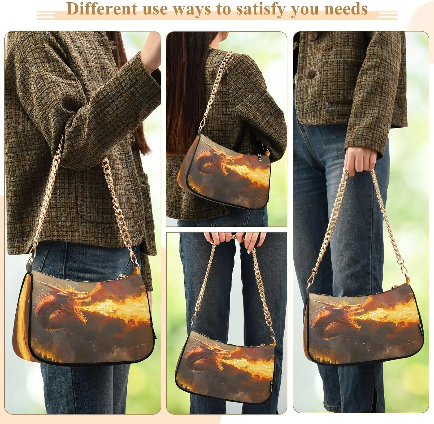 Shoulder Bags for Women Fire Water Dragon Hobo Tote Handbag Small Clutch Purse with Zipper Closure