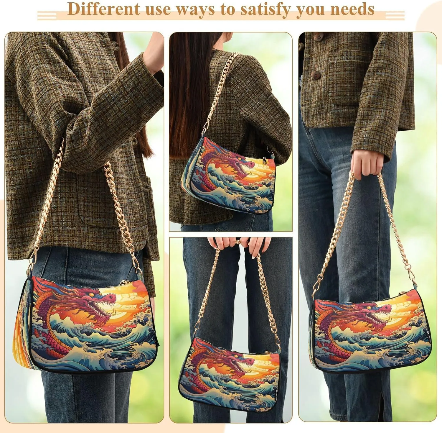 Shoulder Bags for Women Fire Water Dragon Hobo Tote Handbag Small Clutch Purse with Zipper Closure