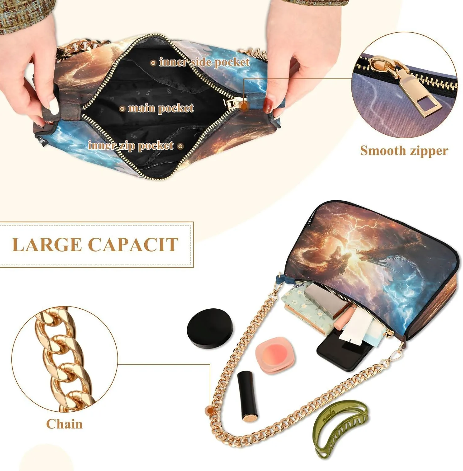 Shoulder Bags for Women Fire Water Dragon Hobo Tote Handbag Small Clutch Purse with Zipper Closure