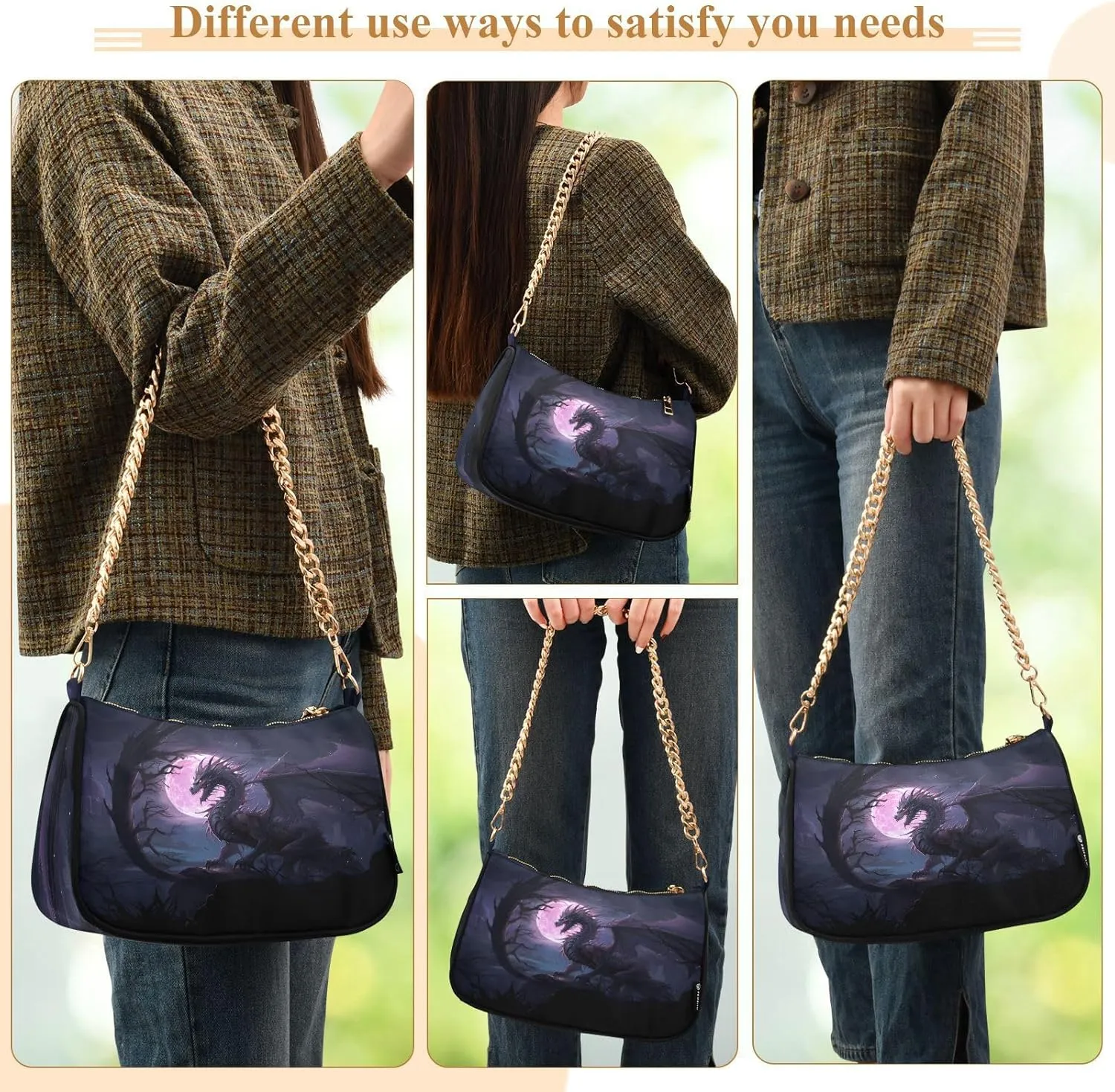 Shoulder Bags for Women Fire Water Dragon Hobo Tote Handbag Small Clutch Purse with Zipper Closure