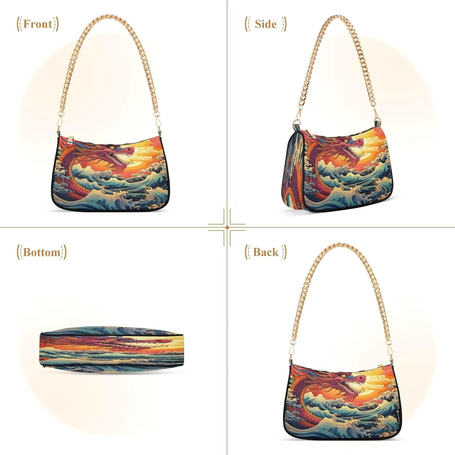 Shoulder Bags for Women Fire Water Dragon Hobo Tote Handbag Small Clutch Purse with Zipper Closure