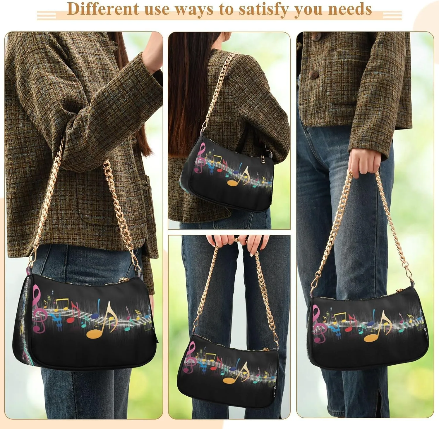 Shoulder Bags for Women Music Notes Piano Hobo Tote Handbag Small Clutch Purse with Zipper Closure