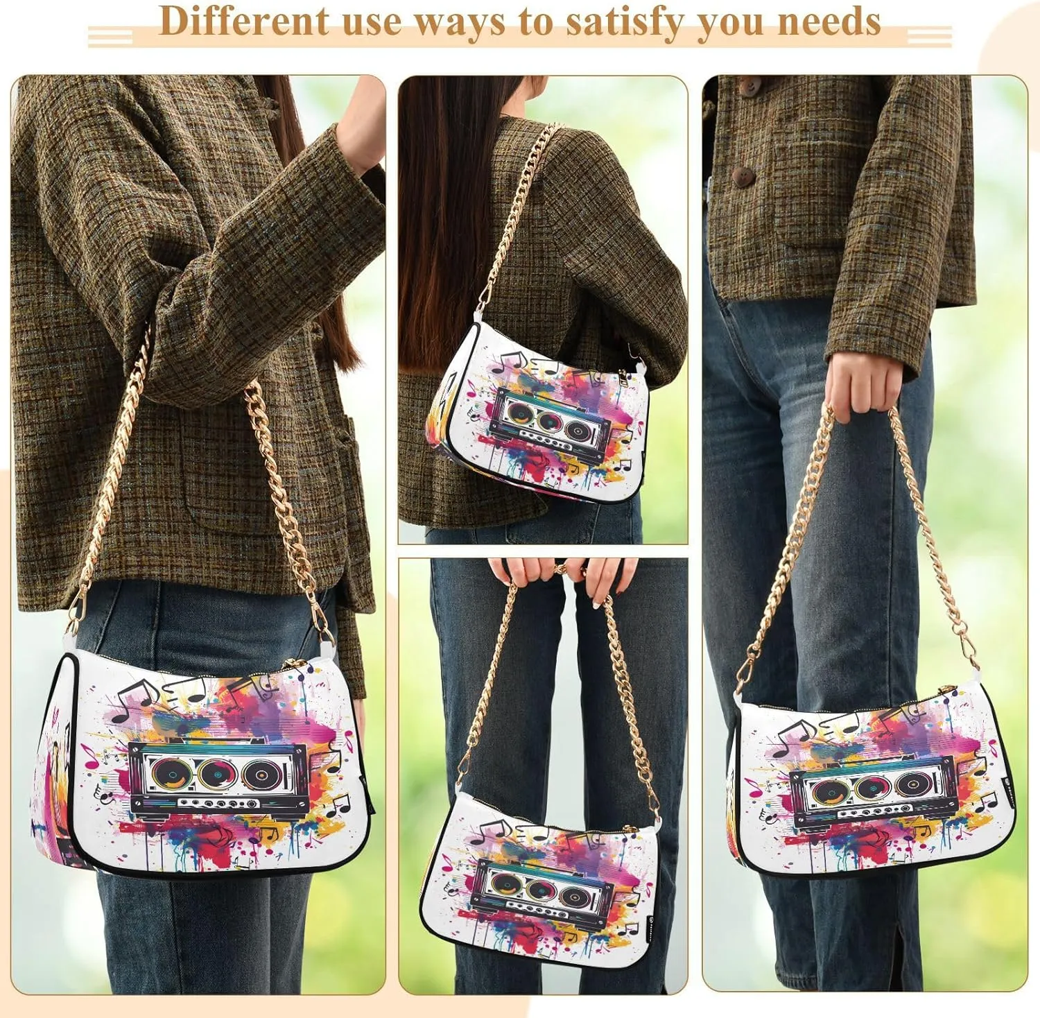 Shoulder Bags for Women Music Notes Piano Hobo Tote Handbag Small Clutch Purse with Zipper Closure