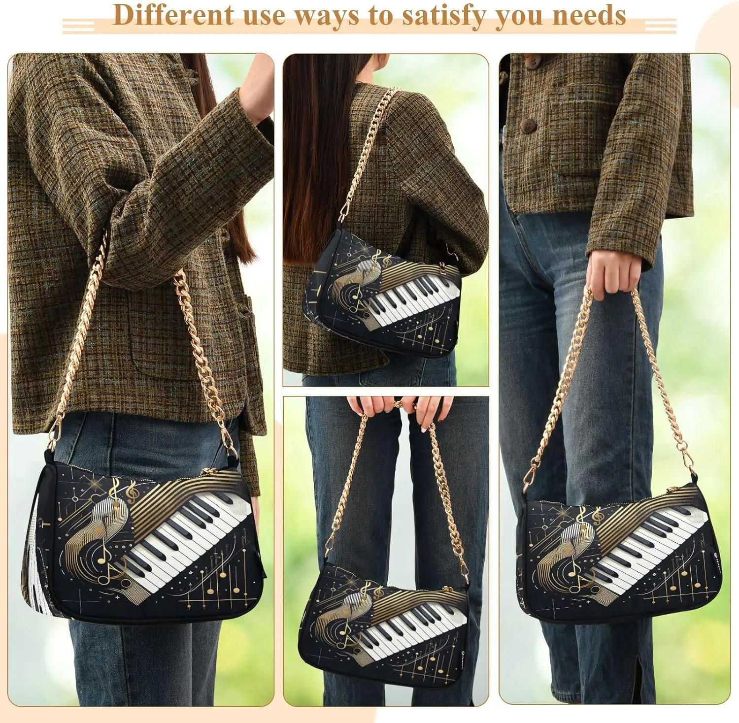 Shoulder Bags for Women Music Notes Piano Hobo Tote Handbag Small Clutch Purse with Zipper Closure
