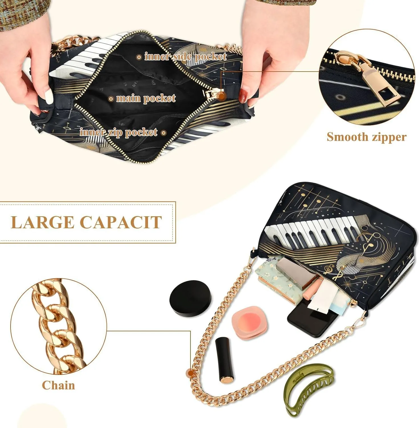 Shoulder Bags for Women Music Notes Piano Hobo Tote Handbag Small Clutch Purse with Zipper Closure