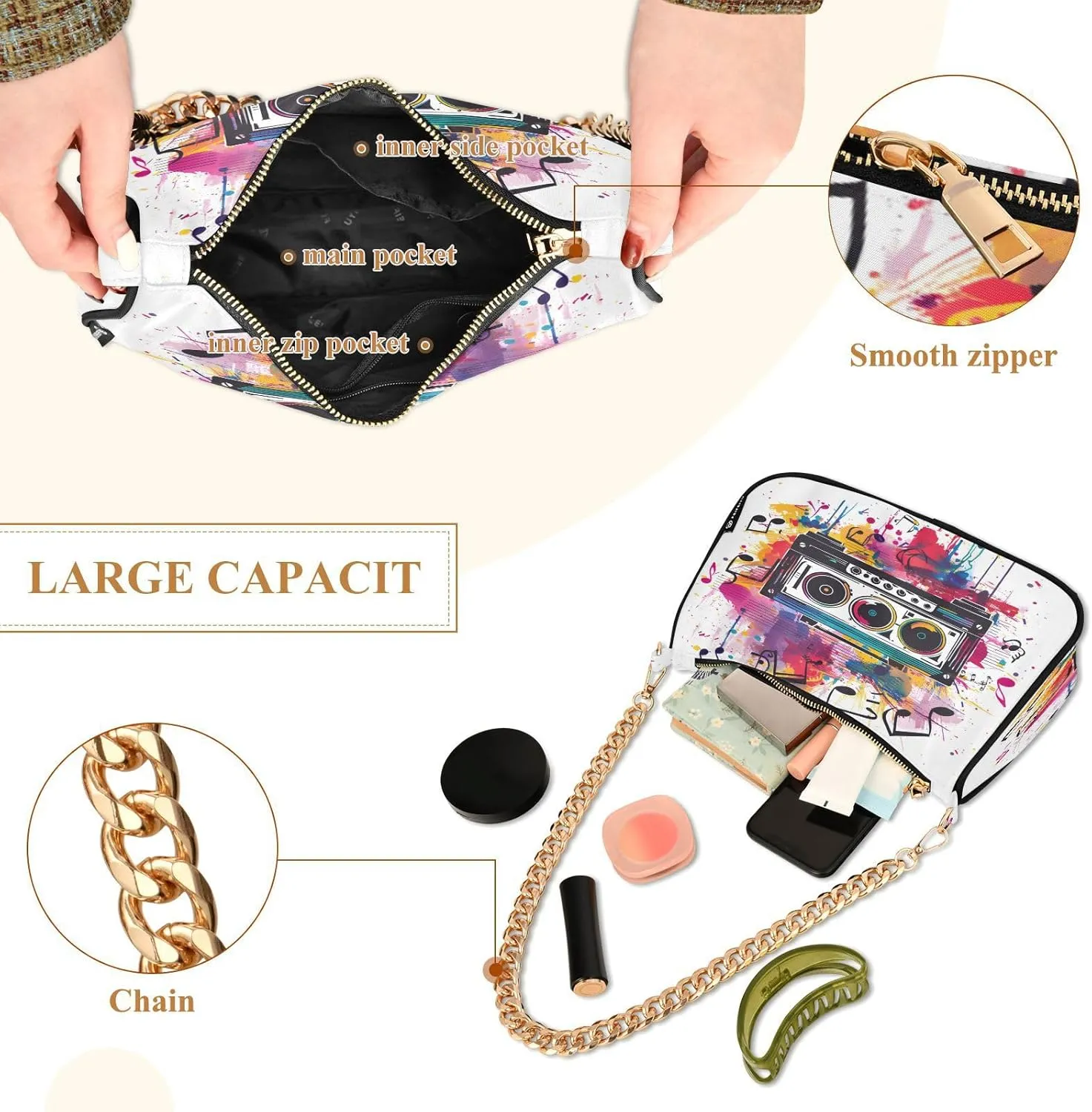 Shoulder Bags for Women Music Notes Piano Hobo Tote Handbag Small Clutch Purse with Zipper Closure