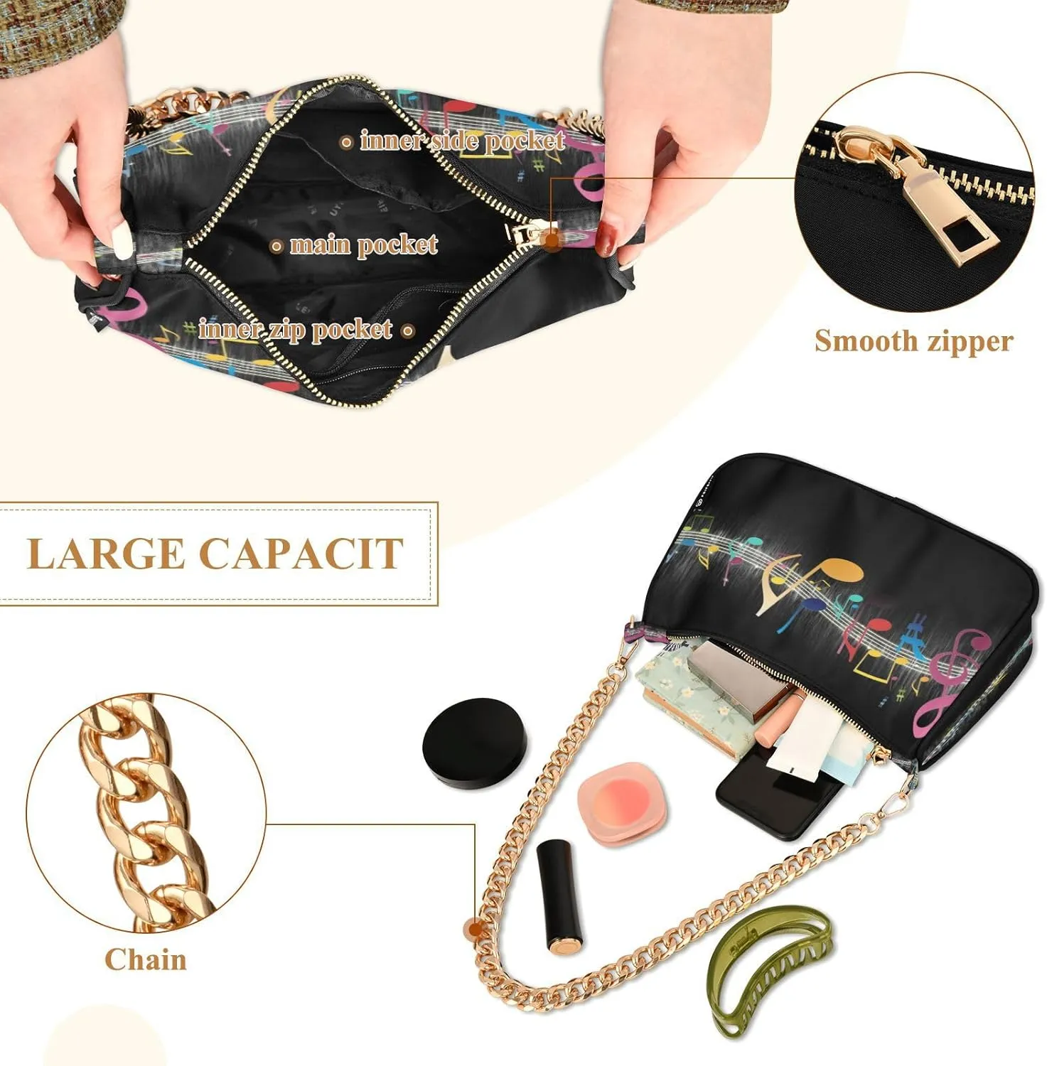 Shoulder Bags for Women Music Notes Piano Hobo Tote Handbag Small Clutch Purse with Zipper Closure
