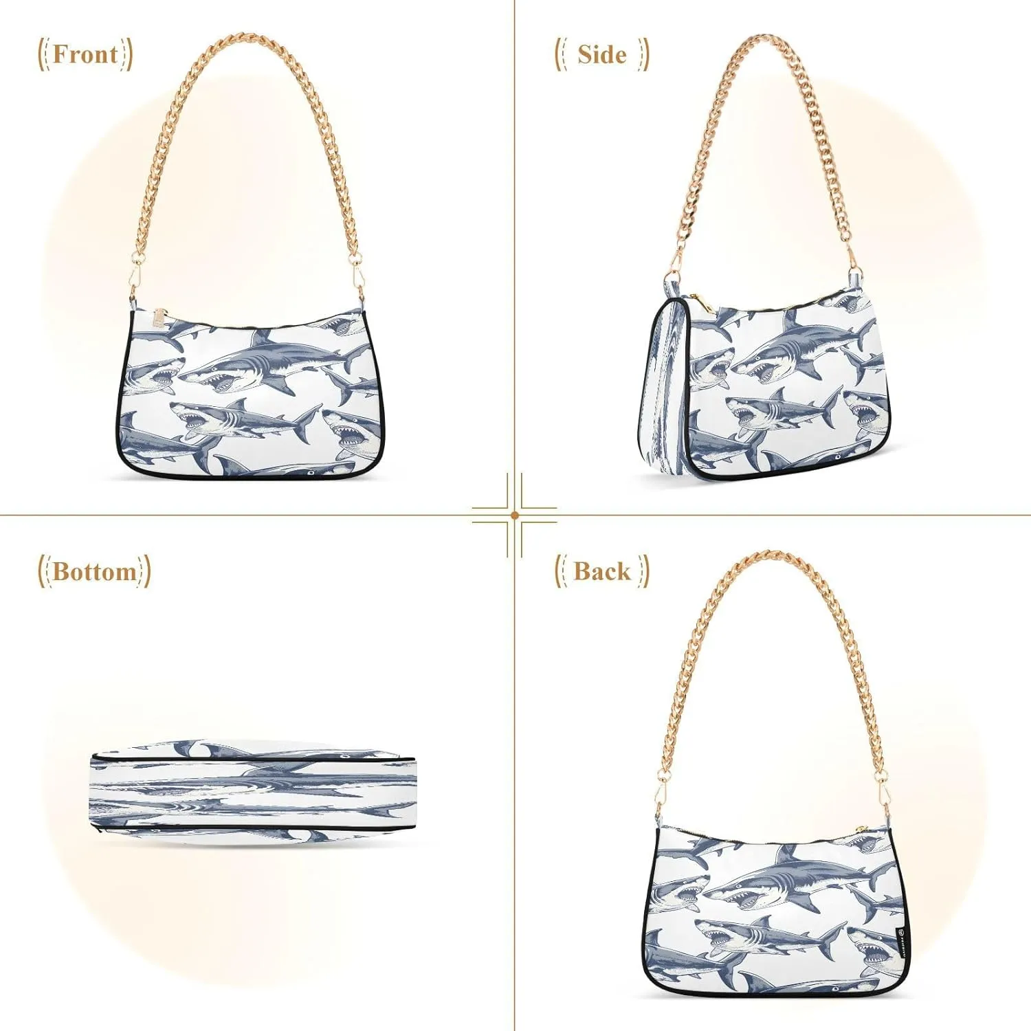 Shoulder Bags for Women Shark Hobo Tote Handbag Small Clutch Purse with Zipper Closure