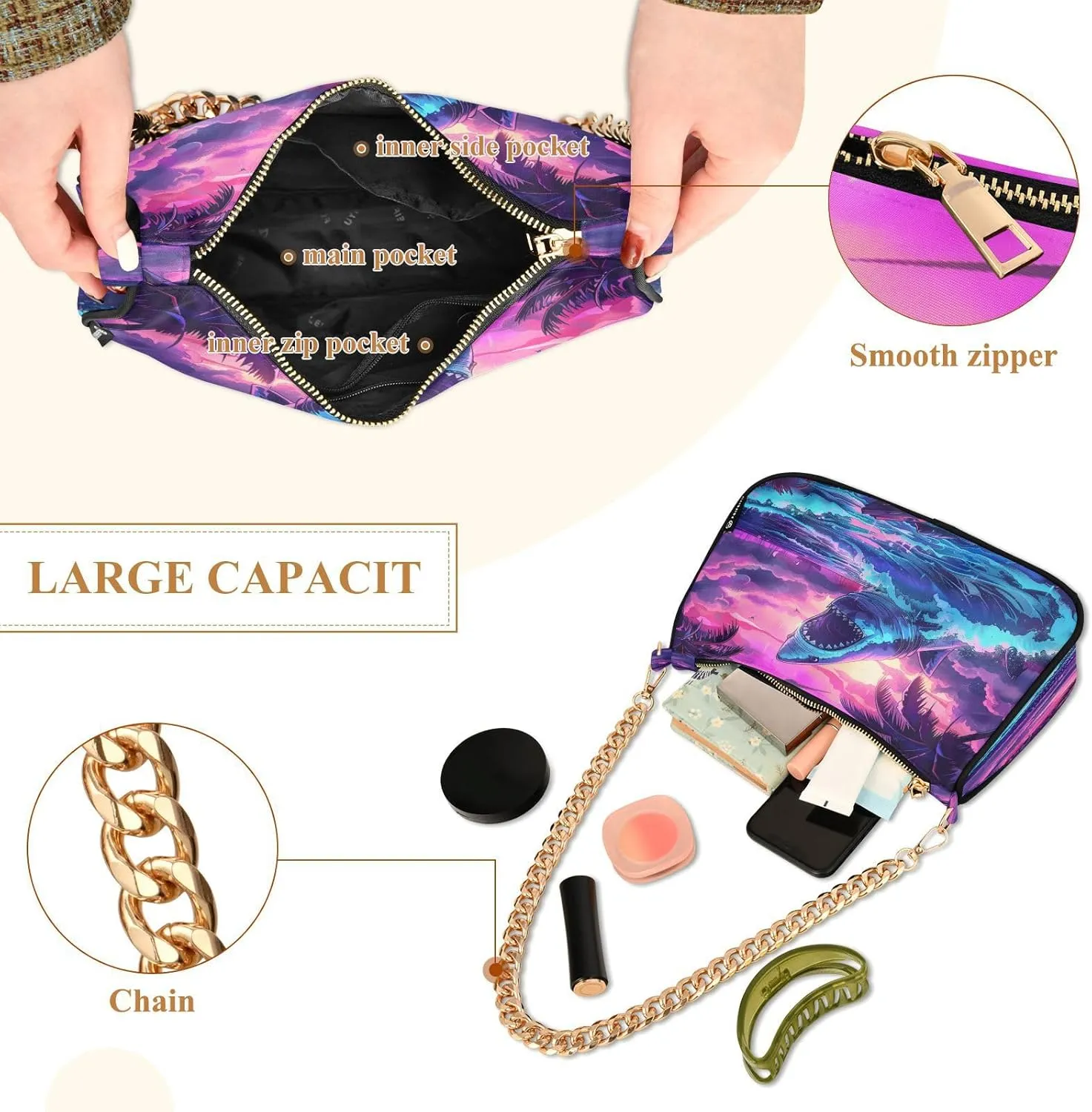 Shoulder Bags for Women Shark Hobo Tote Handbag Small Clutch Purse with Zipper Closure