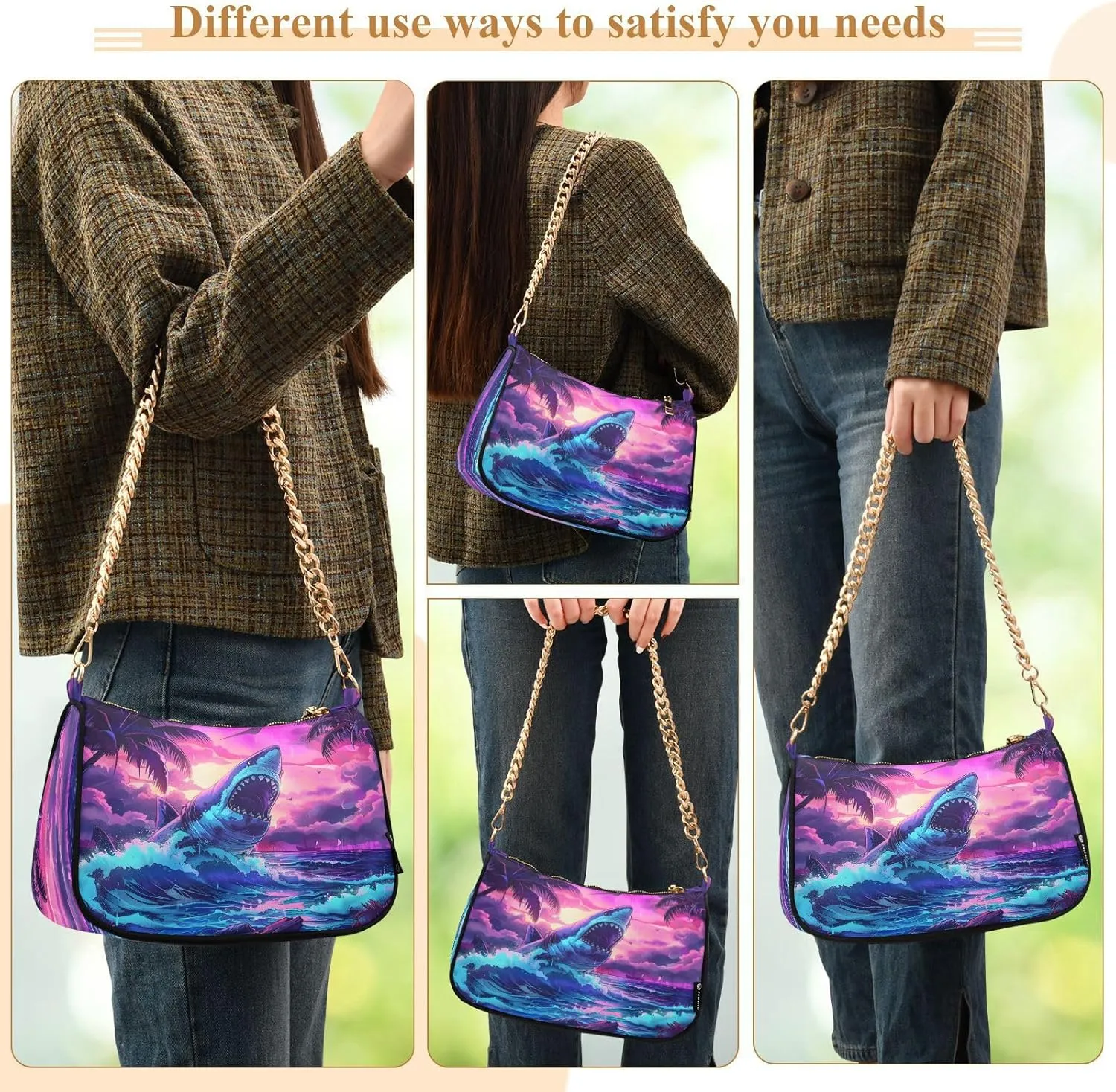Shoulder Bags for Women Shark Hobo Tote Handbag Small Clutch Purse with Zipper Closure