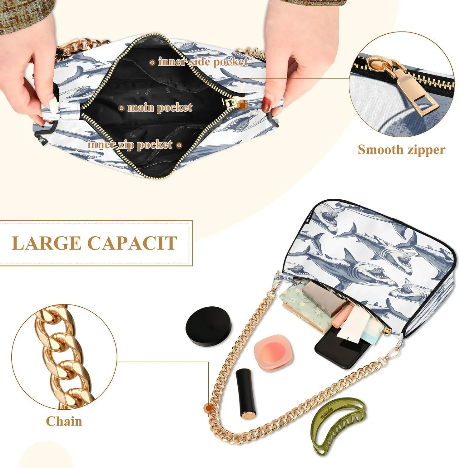 Shoulder Bags for Women Shark Hobo Tote Handbag Small Clutch Purse with Zipper Closure