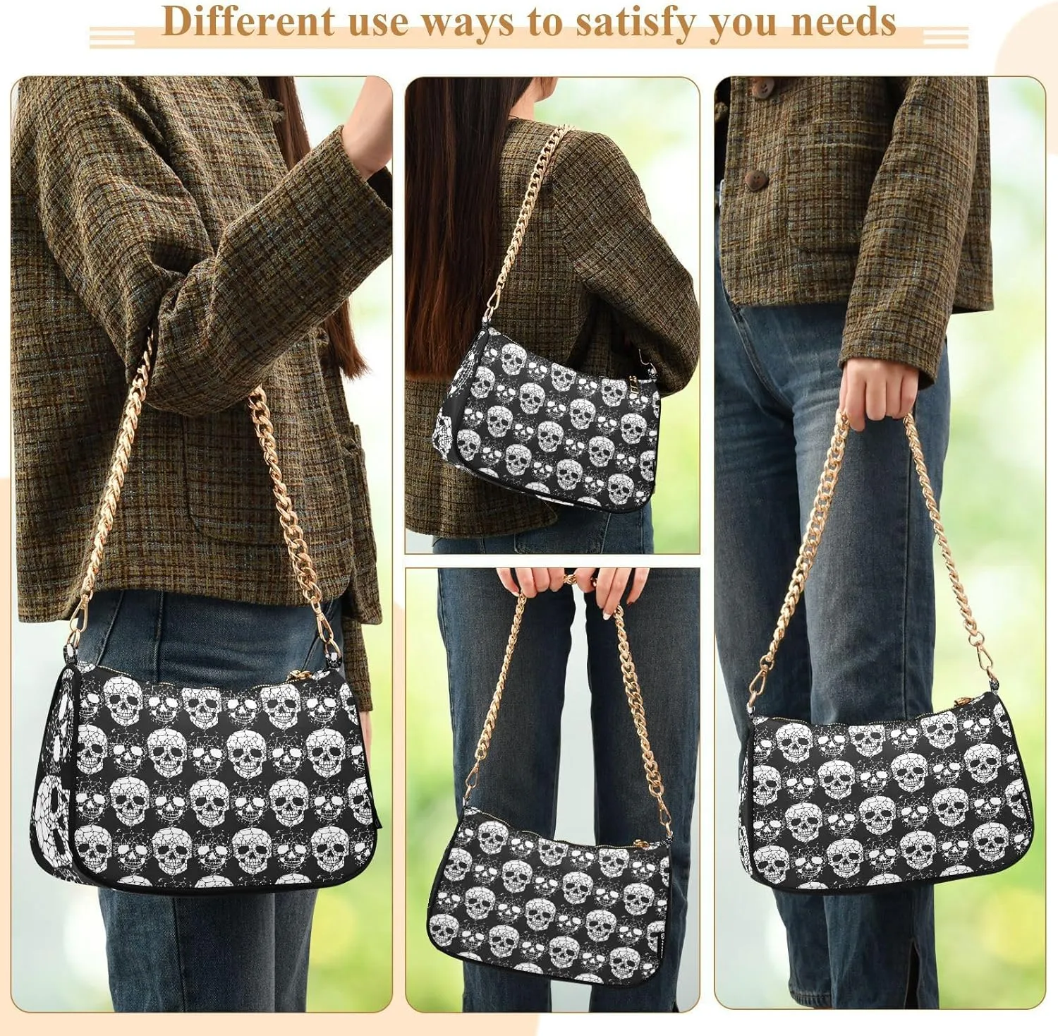 Shoulder Bags for Women Skeleton Skull and Rose Flowers Hobo Tote Handbag Small Clutch Purse with Zipper Closure