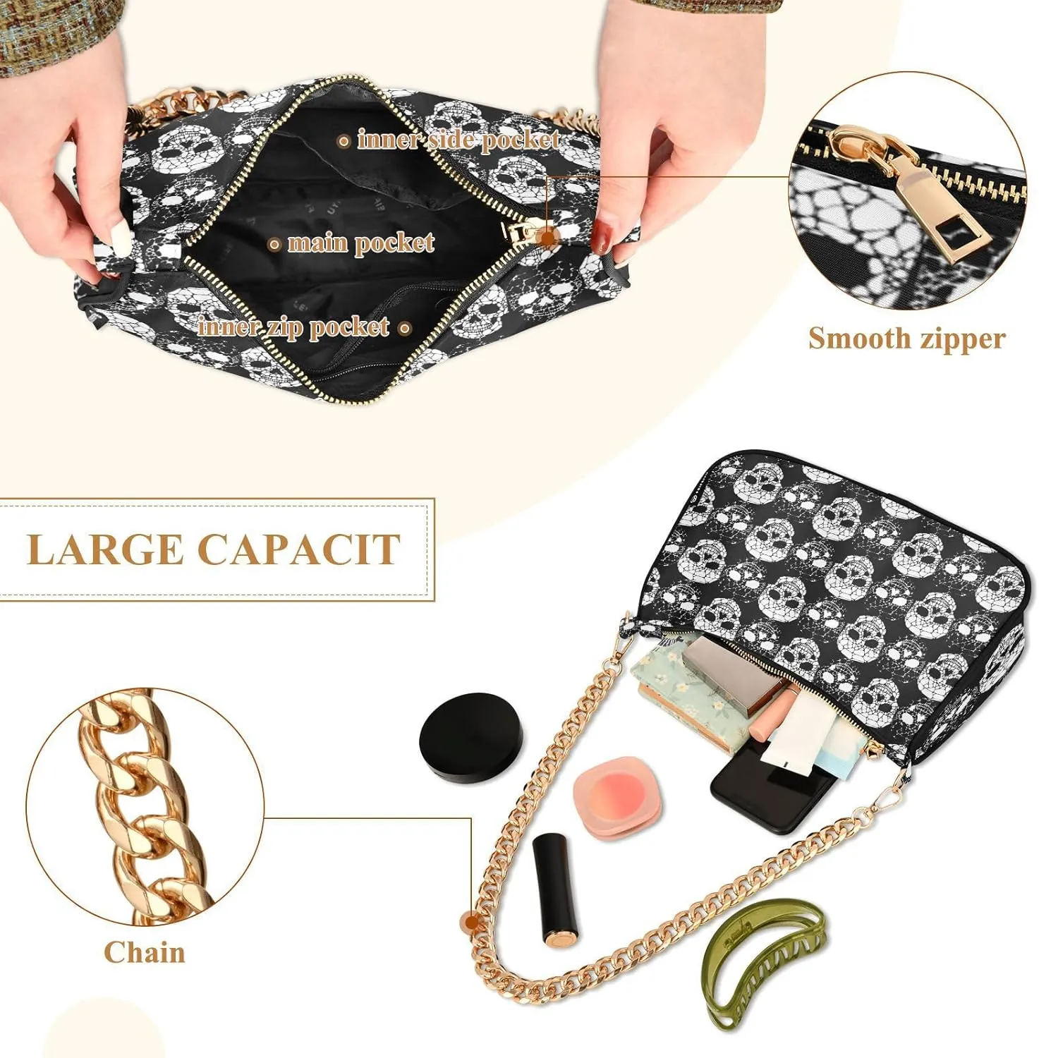 Shoulder Bags for Women Skeleton Skull and Rose Flowers Hobo Tote Handbag Small Clutch Purse with Zipper Closure