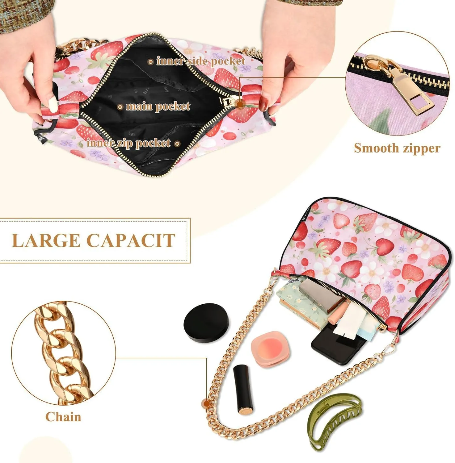 Shoulder Bags for Women Strawberry Hobo Tote Handbag Small Clutch Purse with Zipper Closure