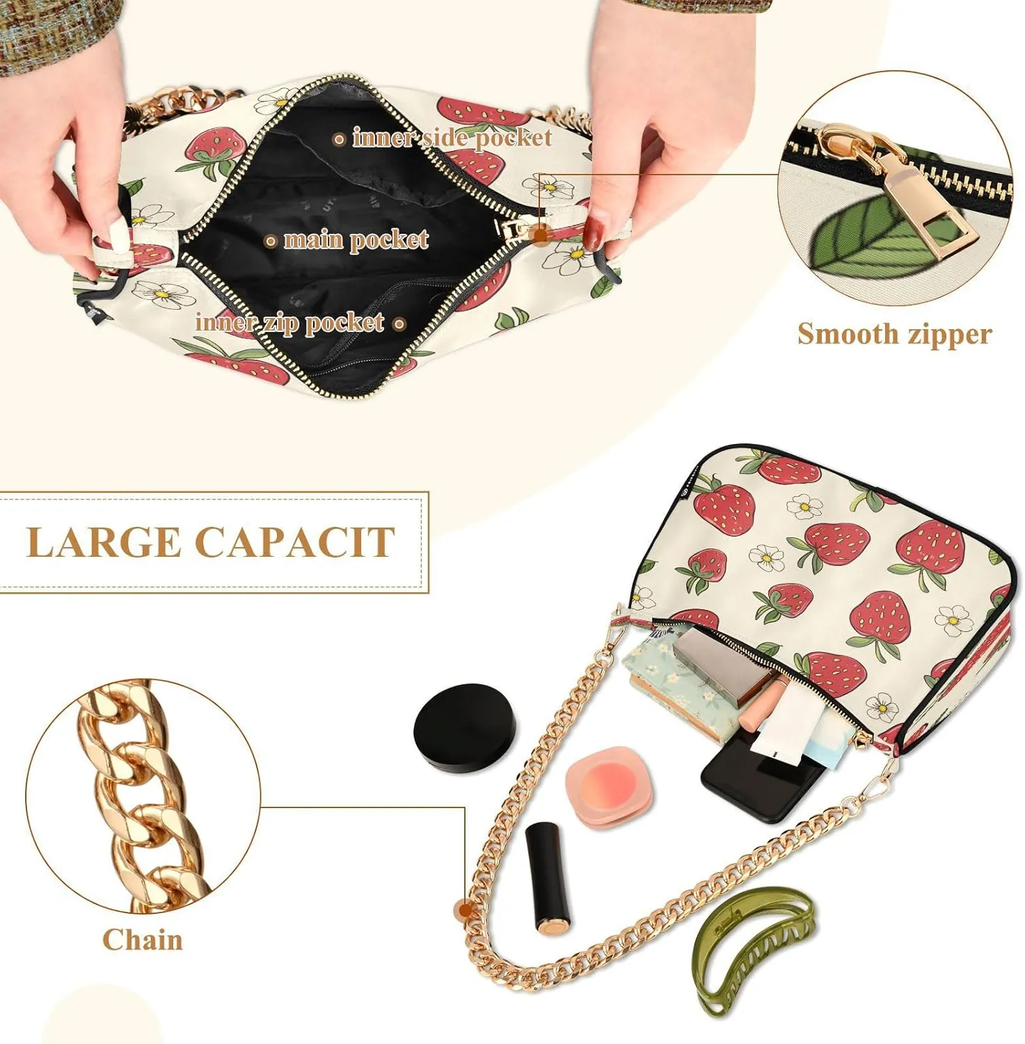 Shoulder Bags for Women Strawberry Hobo Tote Handbag Small Clutch Purse with Zipper Closure