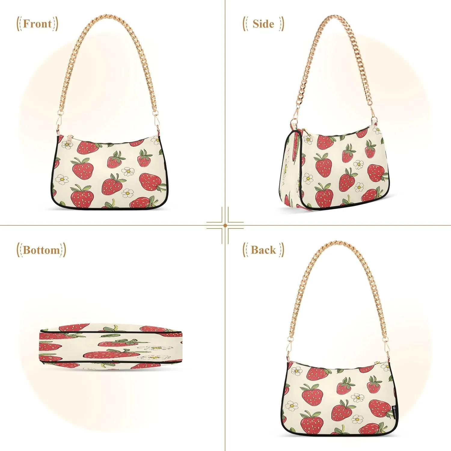 Shoulder Bags for Women Strawberry Hobo Tote Handbag Small Clutch Purse with Zipper Closure
