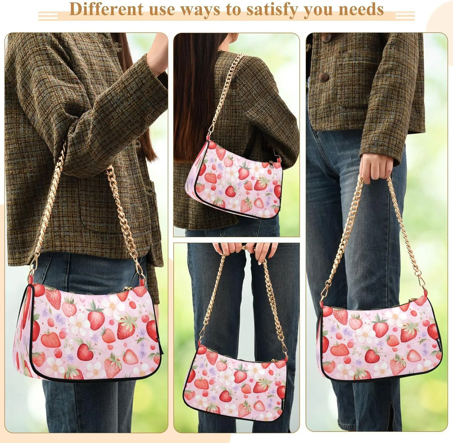 Shoulder Bags for Women Strawberry Hobo Tote Handbag Small Clutch Purse with Zipper Closure