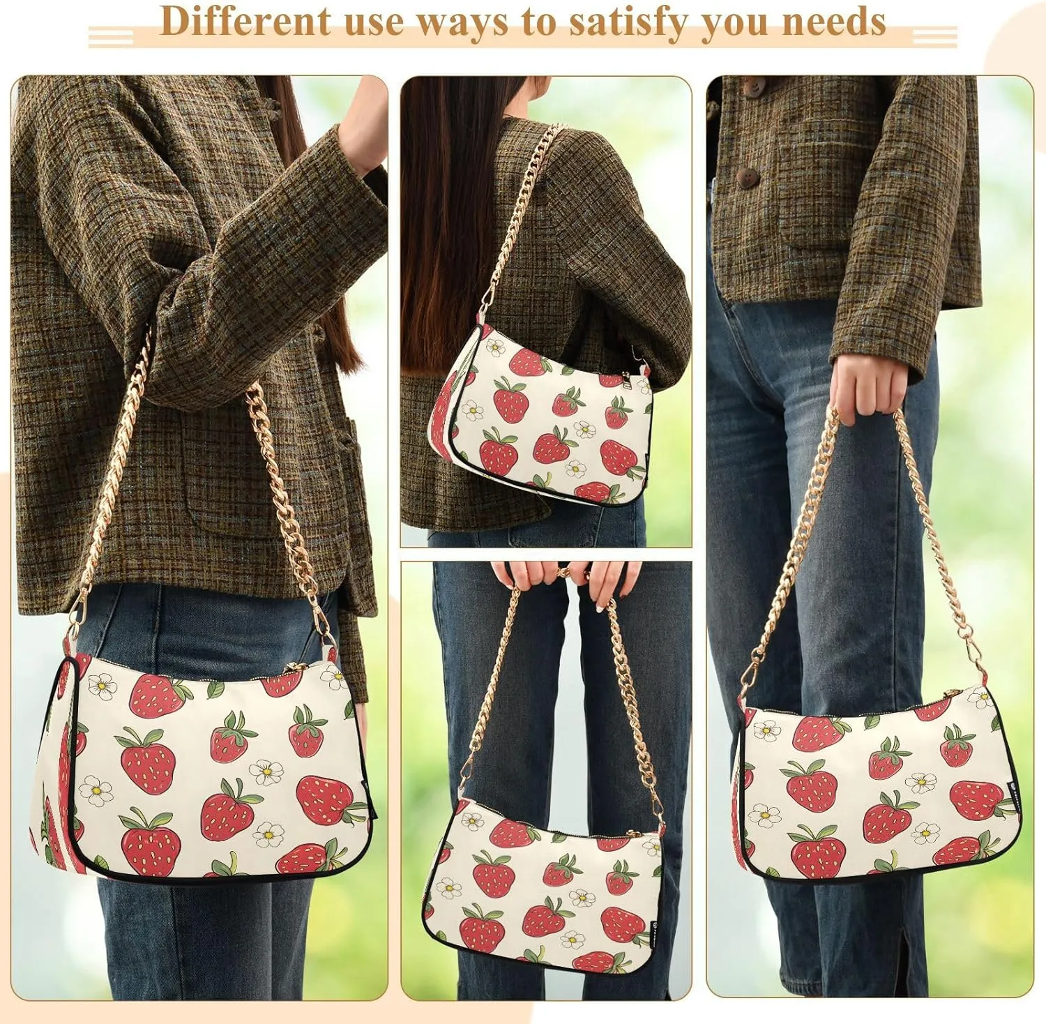 Shoulder Bags for Women Strawberry Hobo Tote Handbag Small Clutch Purse with Zipper Closure