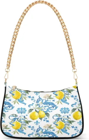 Shoulder Bags for Women Vintage Yellow Lemon Fruit and Blue Print Hobo Tote Handbag Small Clutch Purse with Zipper Closure