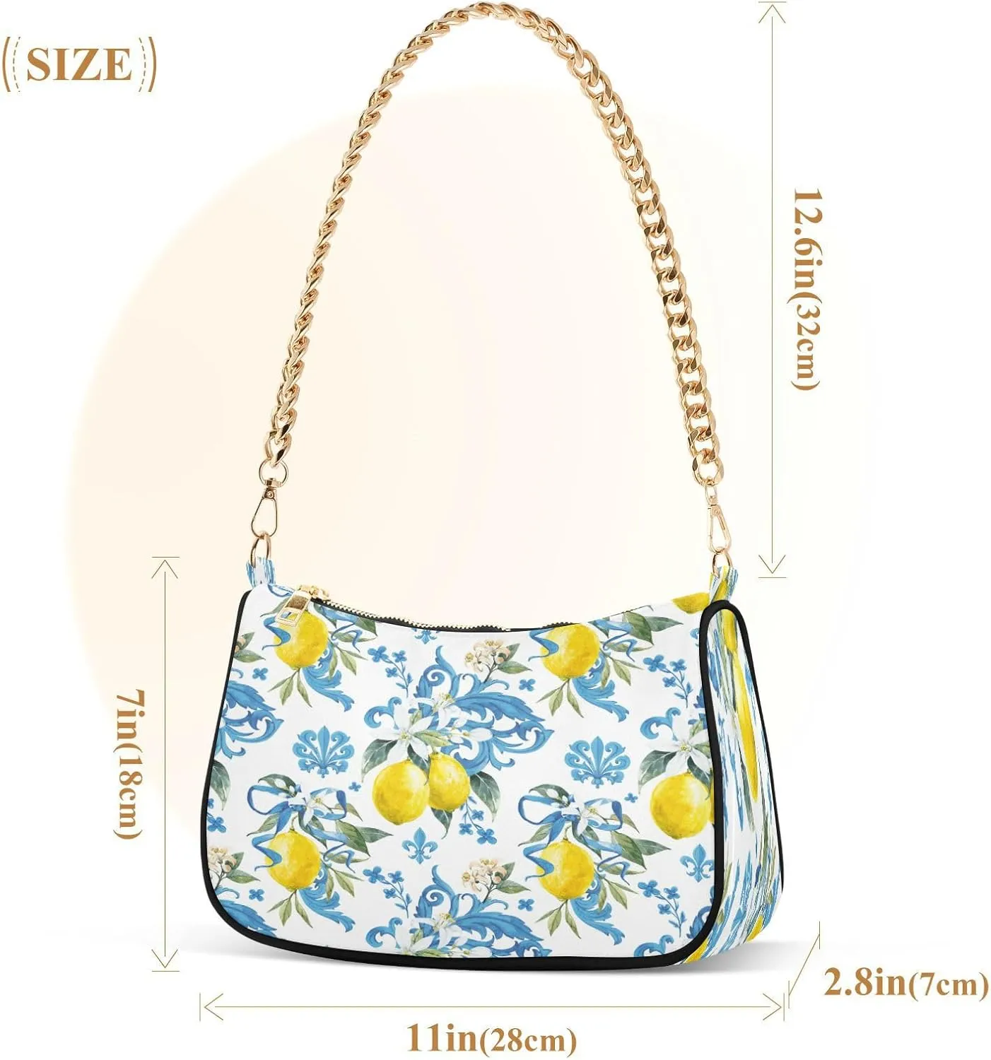 Shoulder Bags for Women Vintage Yellow Lemon Fruit and Blue Print Hobo Tote Handbag Small Clutch Purse with Zipper Closure