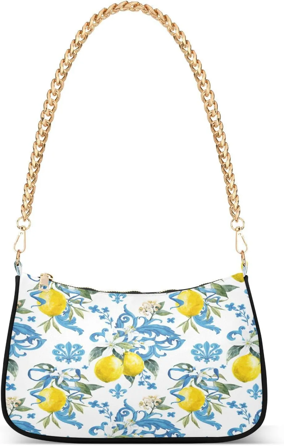 Shoulder Bags for Women Vintage Yellow Lemon Fruit and Blue Print Hobo Tote Handbag Small Clutch Purse with Zipper Closure