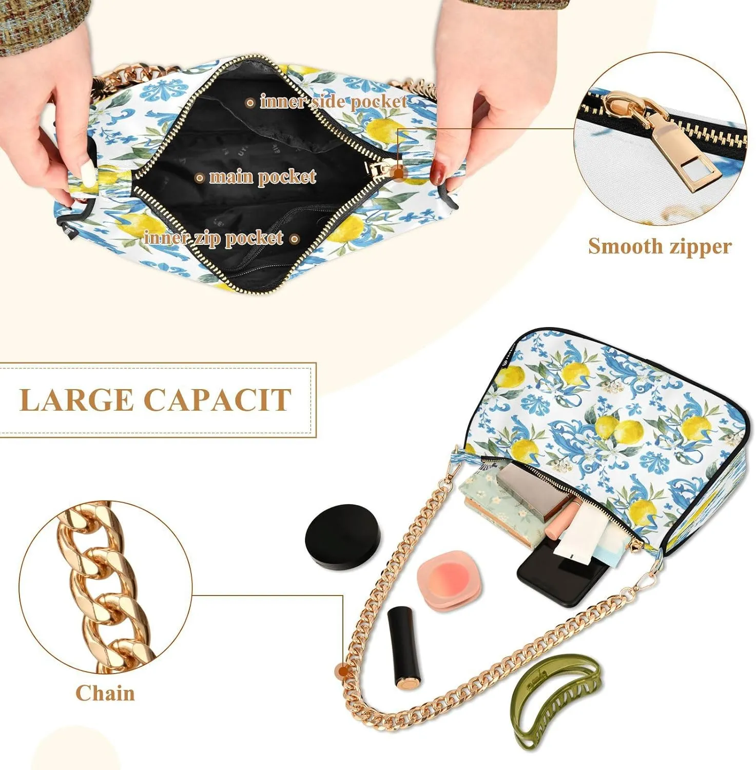 Shoulder Bags for Women Vintage Yellow Lemon Fruit and Blue Print Hobo Tote Handbag Small Clutch Purse with Zipper Closure