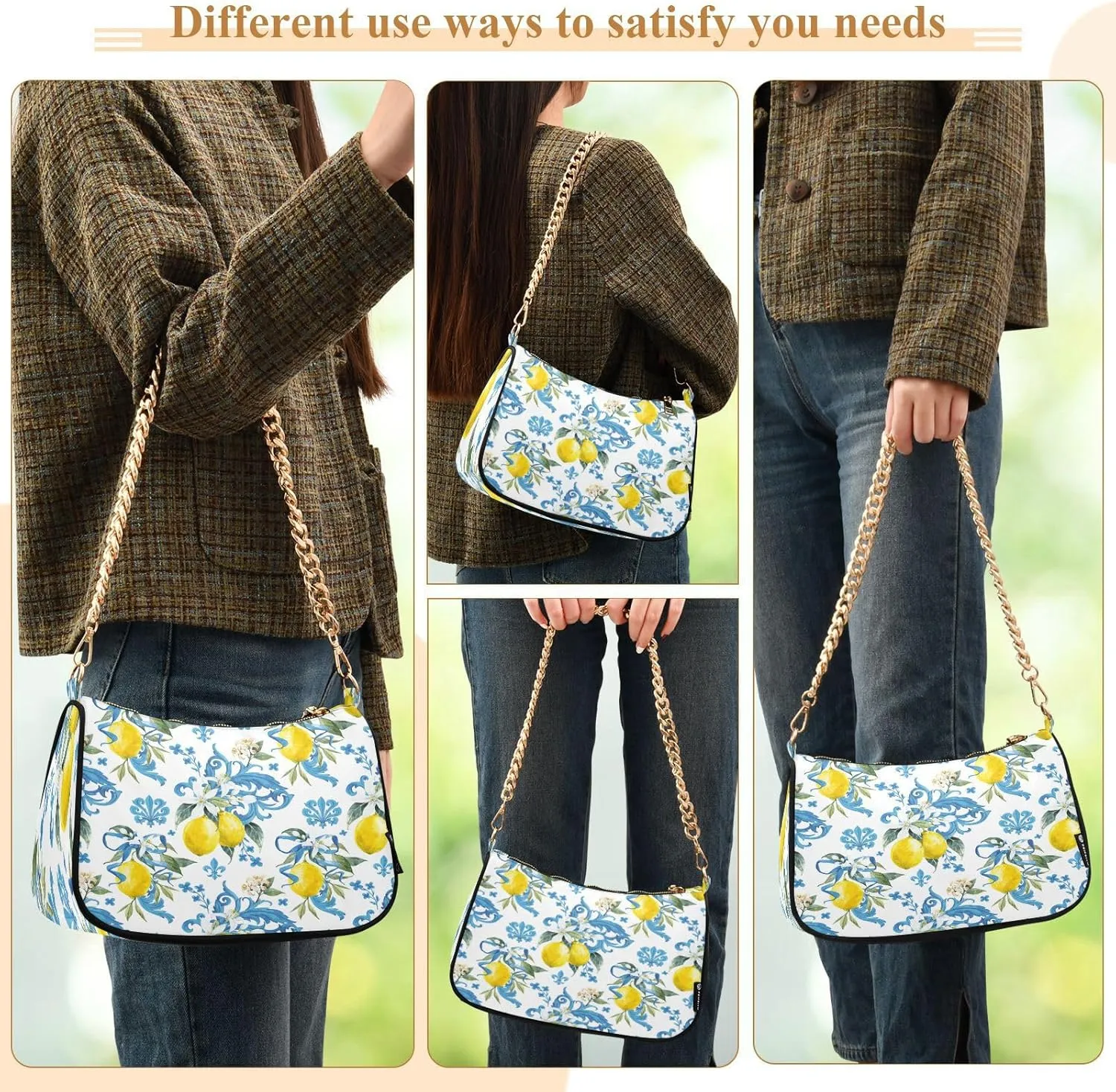 Shoulder Bags for Women Vintage Yellow Lemon Fruit and Blue Print Hobo Tote Handbag Small Clutch Purse with Zipper Closure