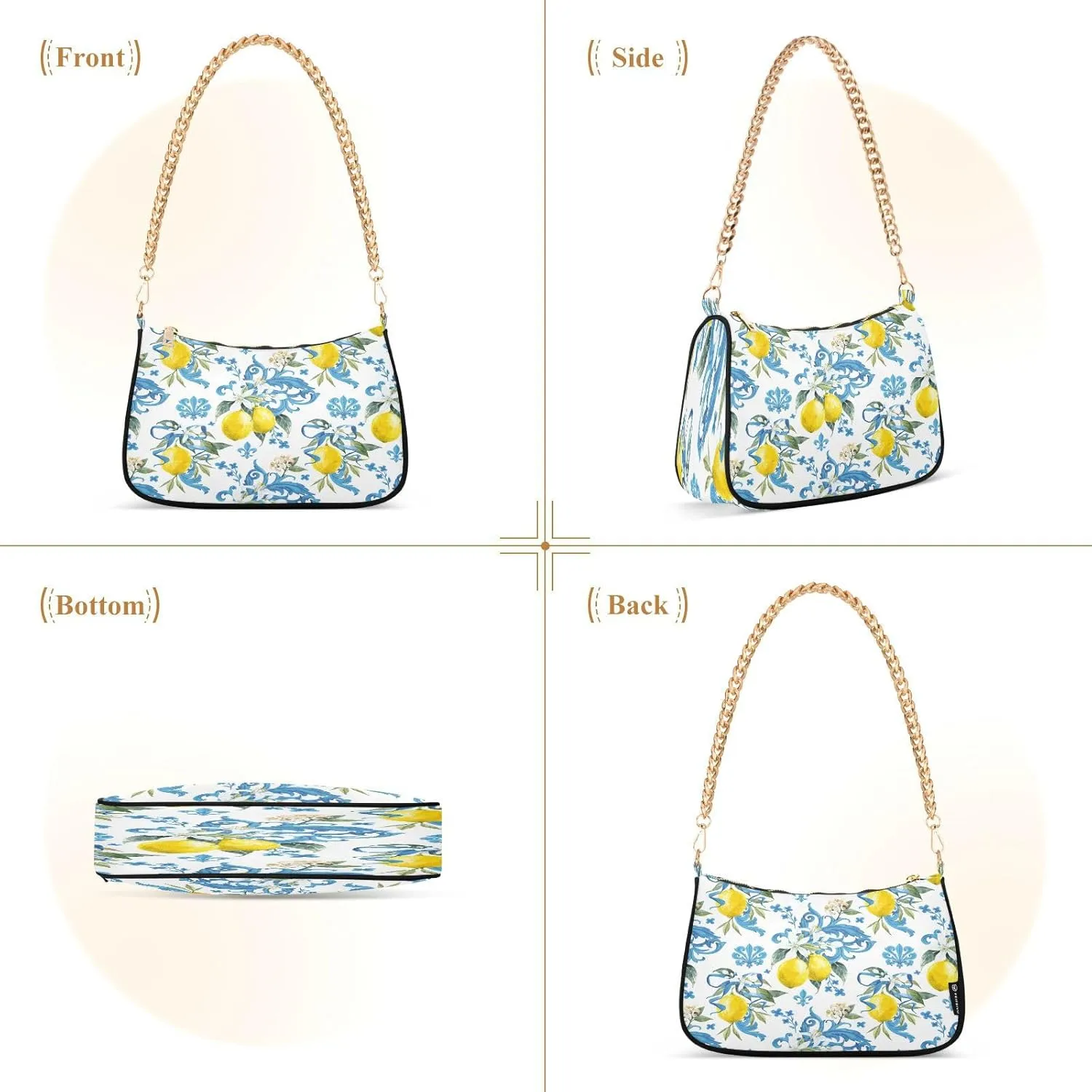 Shoulder Bags for Women Vintage Yellow Lemon Fruit and Blue Print Hobo Tote Handbag Small Clutch Purse with Zipper Closure