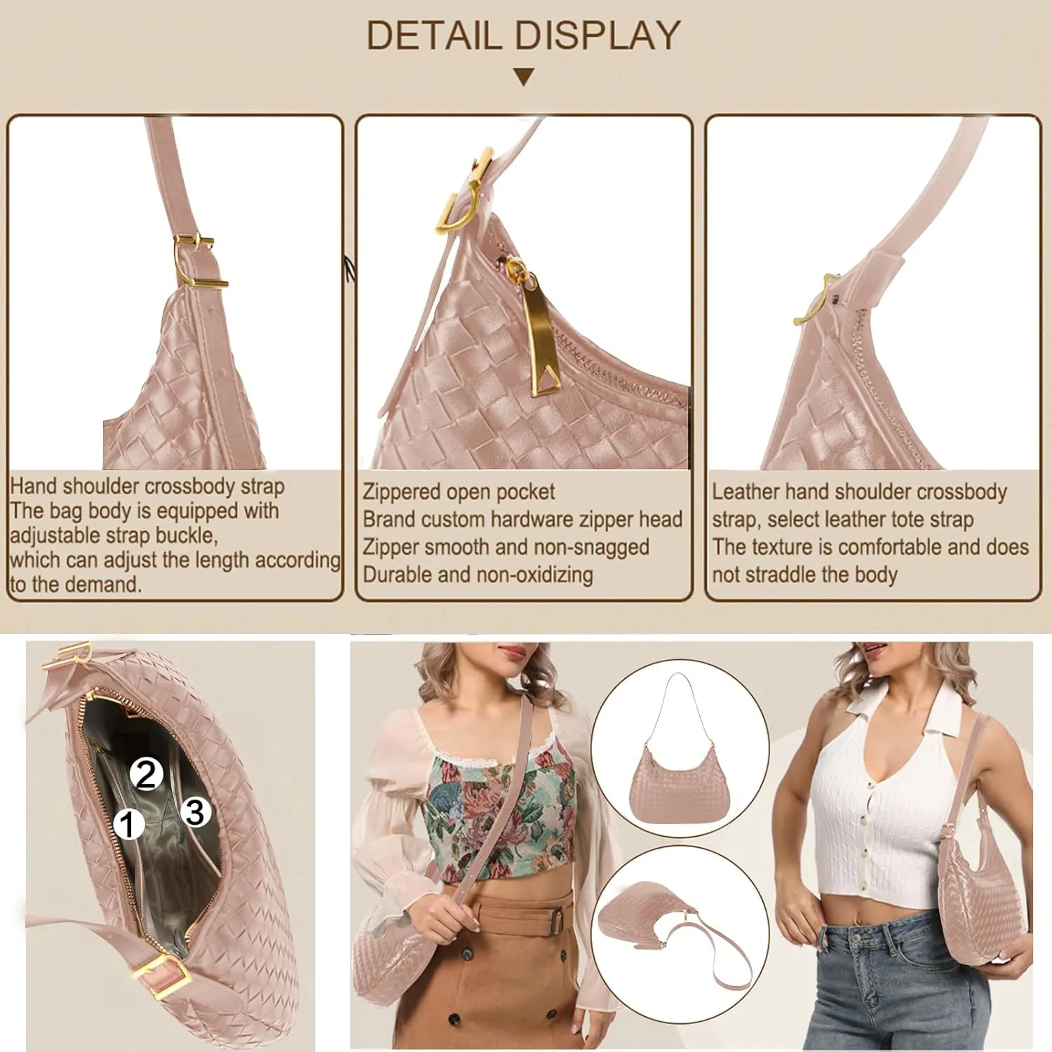 Shoulder Handbags for Women Crossbody Woven Leather Tote Shoulder Bag Purse Hobo Lightweight With Zipper Adjustable Strap