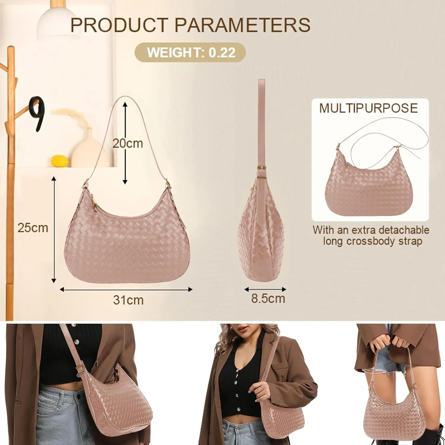 Shoulder Handbags for Women Crossbody Woven Leather Tote Shoulder Bag Purse Hobo Lightweight With Zipper Adjustable Strap