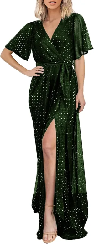 Simplee Women's Fall Wedding Guest Maxi Dress Boho Flowy V Neck Short Sleeve Semi Formal Sparkly Bridesmaid Dress