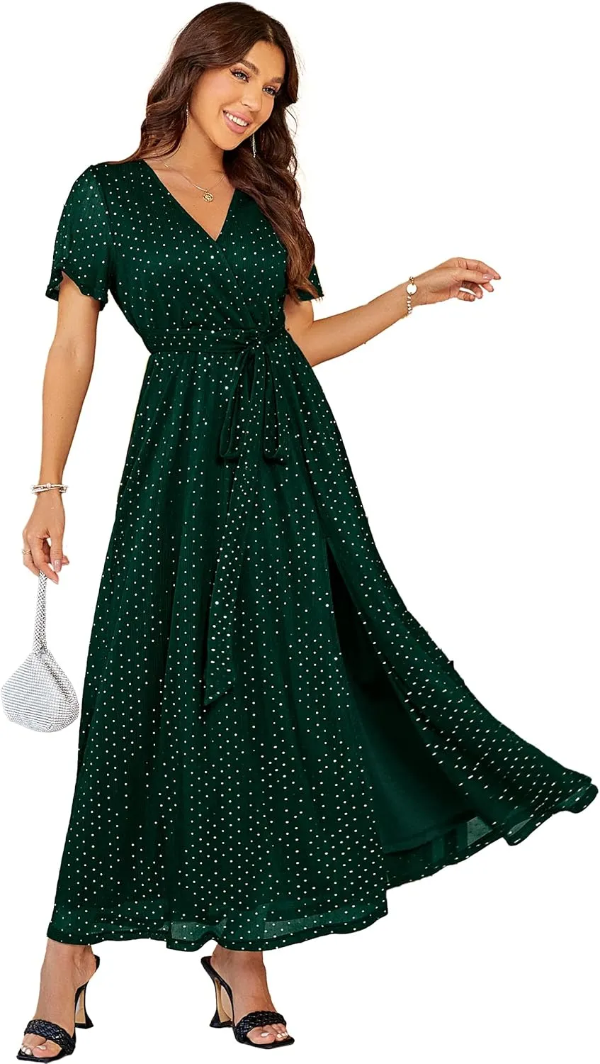 Simplee Women's Fall Wedding Guest Maxi Dress Boho Flowy V Neck Short Sleeve Semi Formal Sparkly Bridesmaid Dress