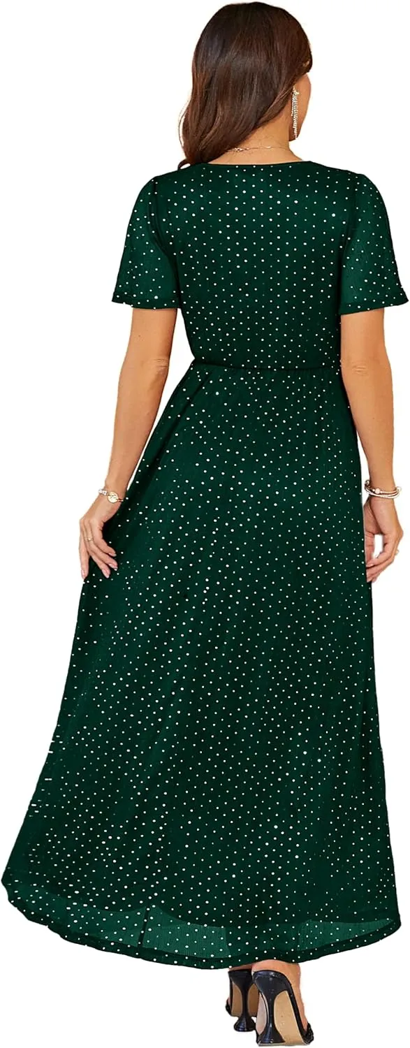 Simplee Women's Fall Wedding Guest Maxi Dress Boho Flowy V Neck Short Sleeve Semi Formal Sparkly Bridesmaid Dress