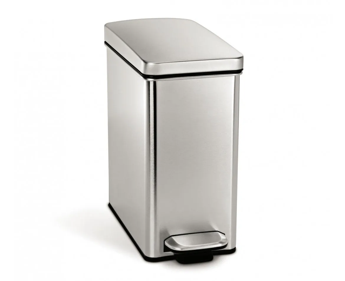 simplehuman 10 Liter / 2.6 Gallon Stainless Steel Bathroom Slim Profile Trash Can, Brushed Stainless Steel