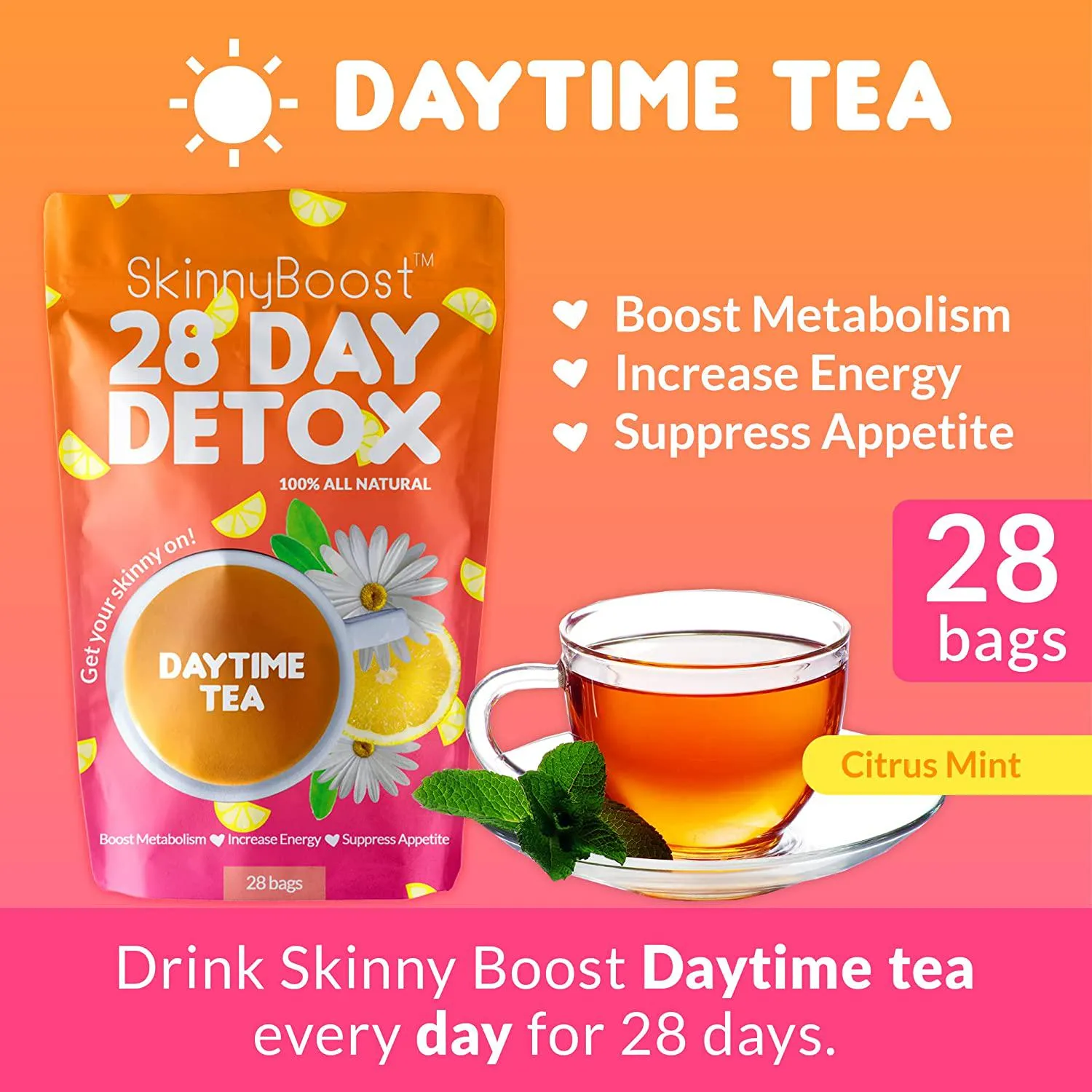 Skinny Boost 28 Day Detox Daytime Tea -(28 Tea Bags) Supports Metabolism Boost, Detox, All Natural, Non GMO, Vegan, Keto Friendly