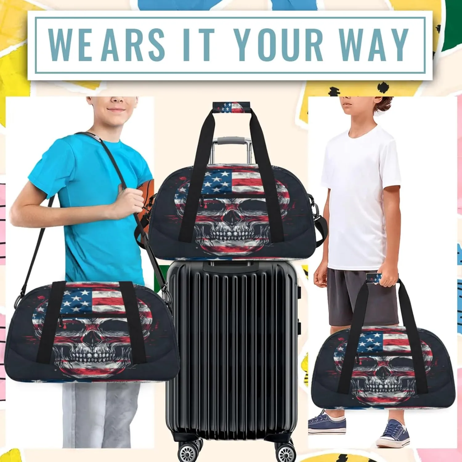 Skull Gothic Skeleton American Flag Small Gym Bag 18 inch Carry On Duffel Bag for Weekender Travel Sports Workout Yoga Gymnastics Dance Ballet